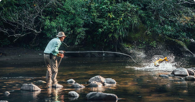 angler catching a Dorado in the Agua Negra river.